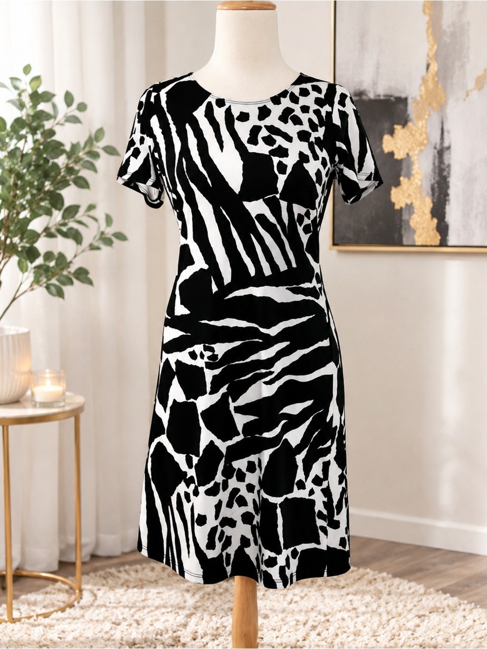 Black White Animal Print Ruched Waist Dress Flattering Stretch